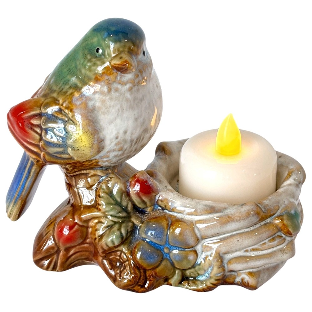 Majolica Style Ceramic Songbird Nest Votive Tealight Candle Holder Vintage